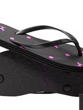 PINK Victoria's Secret Black Flip Flop Sandals with Pink Polka Dots